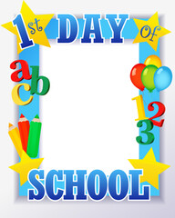 1st day of school selfie photo frame design. Back to school creative booth template, welcome to 2025-2026 academic year. Vector illustration