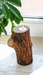 Tree Branch Tealight Candle Holder with Side Knot and Natural Bark for Rustic Home Decor