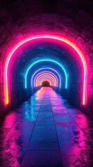 Neon light installation creates a vibrant atmosphere in a dark tunnel during the night