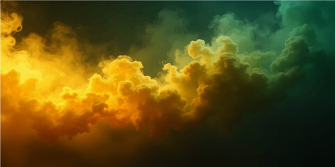 A burning motion design and a dark, flaming background are produced by abstract patterns of smoke and flame in shades of yellow and green.