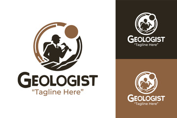 Unique Geologist Logo with Excavation Tools and Mountain in Brown and White Colors