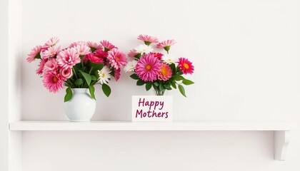 Fototapeta premium White shelf with mum flowers in vase, 