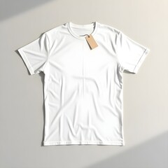 Top view of a clean white t-shirt with a tag