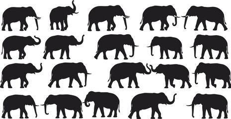 Elephant silhouette vector collection, black elephant icons, wildlife animal graphic, safari elephant illustrations, jungle mammal shapes for design, nature theme, African elephant clipart set