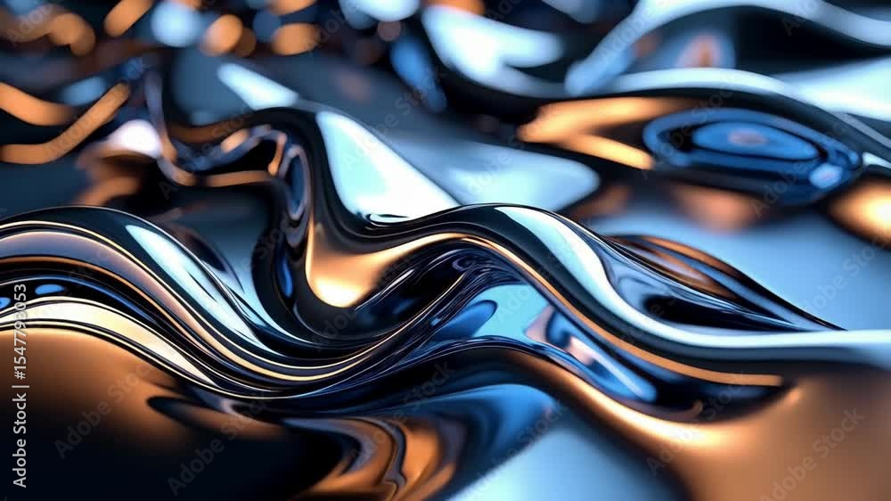Poster abstract chrome and gold curved fluid forms with smooth reflective metallic surfaces and subtle grad