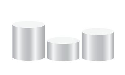 Three white cylindrical podiums for display