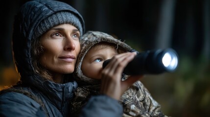 woman holds her young son close while they explore the outdoors at night, using a flashlight to illuminate their surroundings in a dense forest. Their expressions show curiosity and wonder