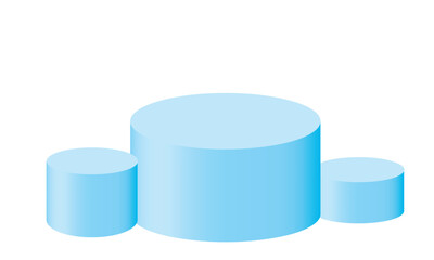 Three blue cylindrical podiums for display