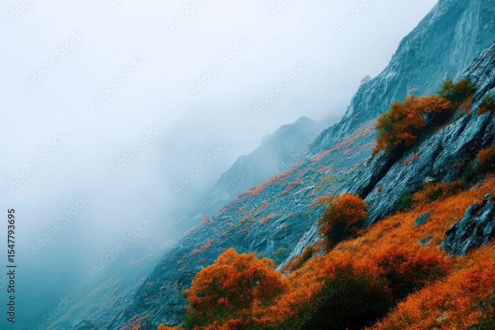 Poster a mountain range covered in fog and trees with orange leaves