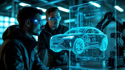 Engineers analyzing transparent augmented reality car model with digital projection in high-tech facility - Powered by Adobe