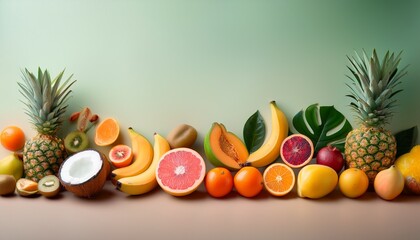 colorful fruit banner featuring various tropical fruits on a soft pastel background
