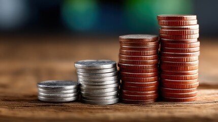 Multiple stacks of coins in silver and copper hues arranged in ascending order on a rustic wooden surface, with a soft-focus background creating an urban atmosphere