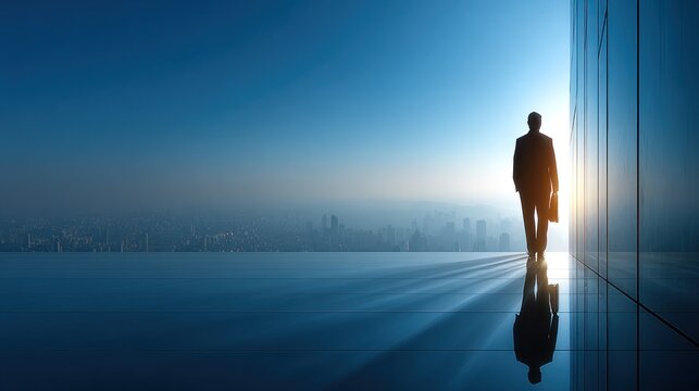 business professional in a suit walks confidently on a glass rooftop. bright sunrise casts a dramatic silhouette against the urban backdrop, showcasing an inspiring moment of opportunity