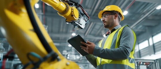 Industrial Engineer Inspecting Robotic Arm with Tablet – High-Tech Manufacturing Facility