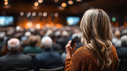 Focused on a speaker holding a microphone, the audience is captivated, seated in a modern conference hall with warm lighting, creating a vibrant atmosphere during an engaging event