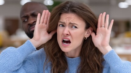 woman in a light blue sweater shows signs of annoyance while placing her hands to her ears, indicating distress