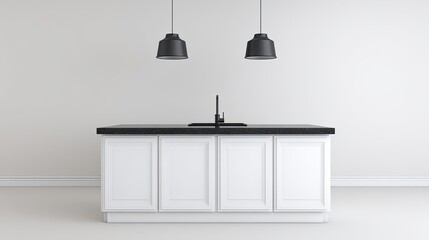 Modern Minimalist Kitchen Island with Black Pendants and White Cabinets