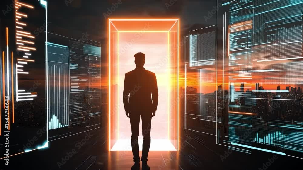 Aufkleber a man is standing in front of a glowing portal in a futuristic setting, with computer screens and da