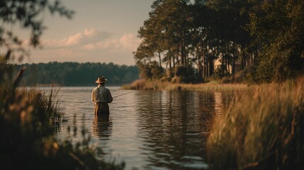 Fototapeta premium Dedicated fisherman standing knee-deep in a lake reeling in a catch on a quiet day