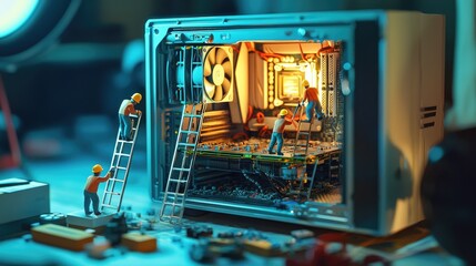 Promotional photo for a documentary, miniature scene photography of an open computer unit, beam of light illuminating the subject, exaggerated 