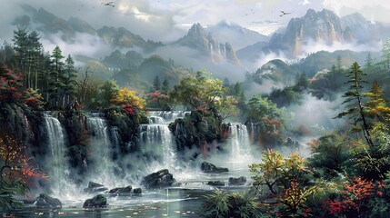 Authentic Chinese scenery art with water flow and majestic hills