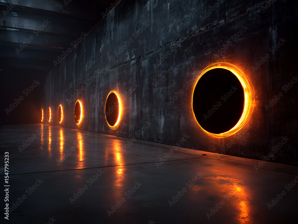 Poster glowing circular portals in concrete wall with reflections and dark setting