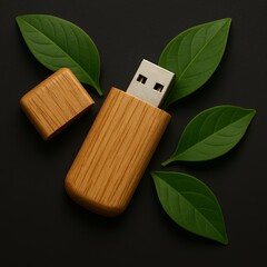 Wooden USB drive with cap removed on dark textured surface, minimal composition with natural lighting. Great for eco branding, tech product presentations, sustainable design, and digital promotions.