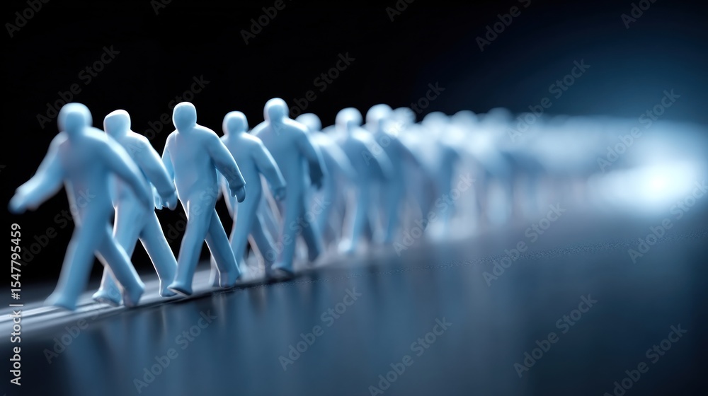 Poster small human-like figures are lined up and appear to be walking forward on a sleek surface. backgroun