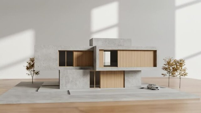 Modern architectural model of a concrete house with wood accents and miniature car on a wooden table