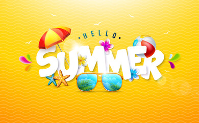 Hello Summer Holiday Banner Design with Flower, 3d Text Label and Colorful Beach Elements on Sun Yellow Background. Vector Tropical Typography Lettering Illustration with Beach Ball, Sunglasses and