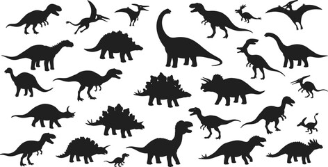 Dinosaur silhouettes vector pack, prehistoric animal clipart, black dinosaur icons, Jurassic creatures illustration set, dino figures bundle for kids, educational graphic, science design element