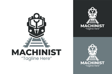 Modern Machinist Logo with Train Engine and Tracks in Dark Gray and White Colors