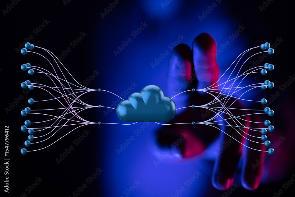 Poster illustrative image of cloud computing, network connections, and digital transformation. ideal for te