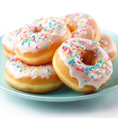 Delicious freshly baked donuts with colorful sprinkles and sweet white icing served on a light blue plate, perfect for dessert or snack occasions