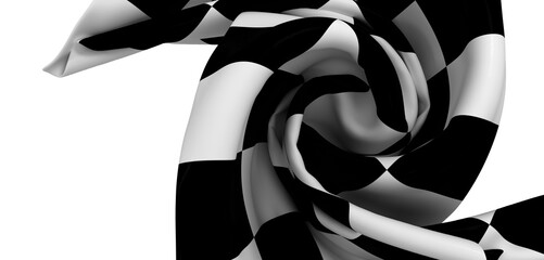 Dramatic close-up of a black and white checkered fabric swirling elegantly. Perfect for design,...