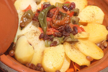 A close-up shot of a delicious moroccan tajine or tagine, Amazigh tajine, Traditional moroccan food