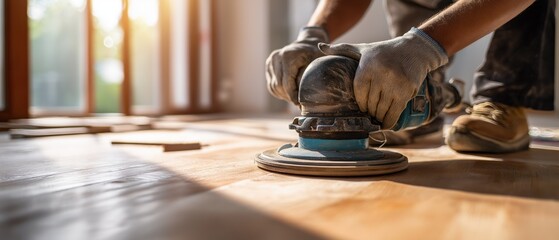 Construction Worker Using Electric Floor Sander – Close-Up on Hardwood Surface and Gloved Hands