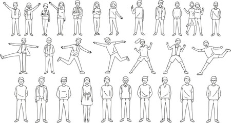Diverse character poses, business and casual people, vector man woman illustration, group standing walking jumping, outline drawing bundle, line art human figure graphics set