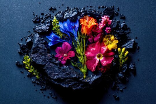 A colorful bouquet of flowers is scattered on a black background