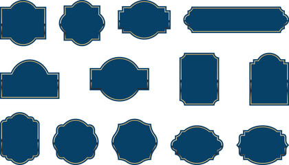 Elegant vintage labels in deep navy blue color with ornate gold border. Classic badges for luxury branding, premium packaging and invitations. Set of vector designs with blank space