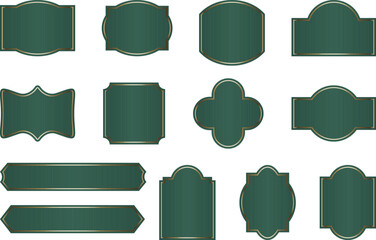 Luxury vintage labels with gold decorative frame and deep green background. Classic badge for premium branding, elegant packaging and product tags. Vector designs set with blank space