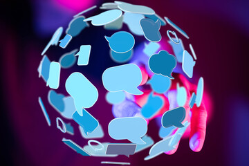 Abstract image of a hand interacting with a sphere of colorful chat bubbles, symbolizing global...