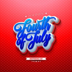 4th of July Independence Day Illustration with American Flag Color 3d Text Label on Red Star Pattern Background. Vector USA Fourth of July National Celebration Design with Typography Letter for Banner