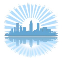 Naklejka premium A stylized blue cityscape with a sunburst and reflections