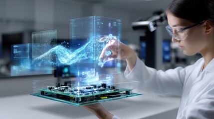 Engineer using holographic projection to adjust PCB layout midair, clean futuristic lab with transparent UI layers