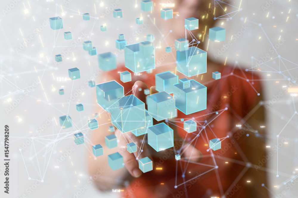 Fototapete Global network. Blockchain. 3D illustration. Neural networks and artificial intelligence. Abstract