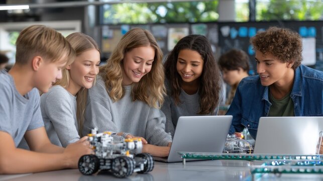 Mixed-gender team testing autonomous robot on obstacle course mat, coding laptops open nearby, bright classroom with science posters and real teamwork energy