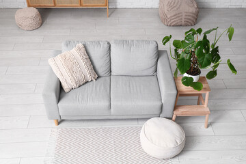 Sofa, pouf, ladder and Monstera houseplant in interior of room