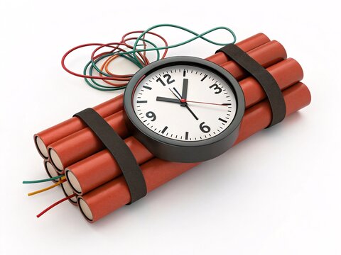 dynamite bomb with clock, Time bomb metaphor icon – clock face with wires, white background.