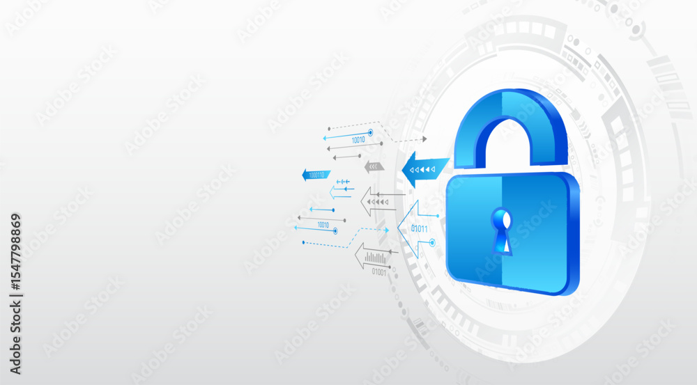 Poster Cybersecurity concept with 3D padlock and digital arrows on futuristic tech grey background. Perfect for data protection, privacy or network security themes.